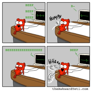 Our heart beats pretty consistently. However irregular heart beats, also known as tachycardia, can also occur. These can be monitors with a Heart Monitor. Awkward Yeti does a great job of showing us (although not entirely accurately) how it works. Random heart facts by Karlina. Peace!